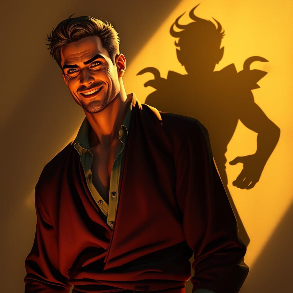 Elegant Man in Whimsical Dance with Mischievous Shadow