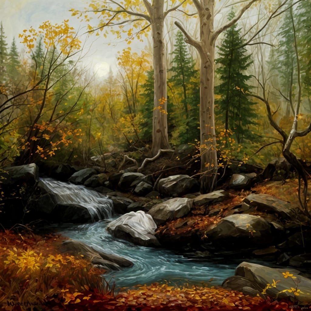 A rock-strewn brook. In the style of oil on linen.