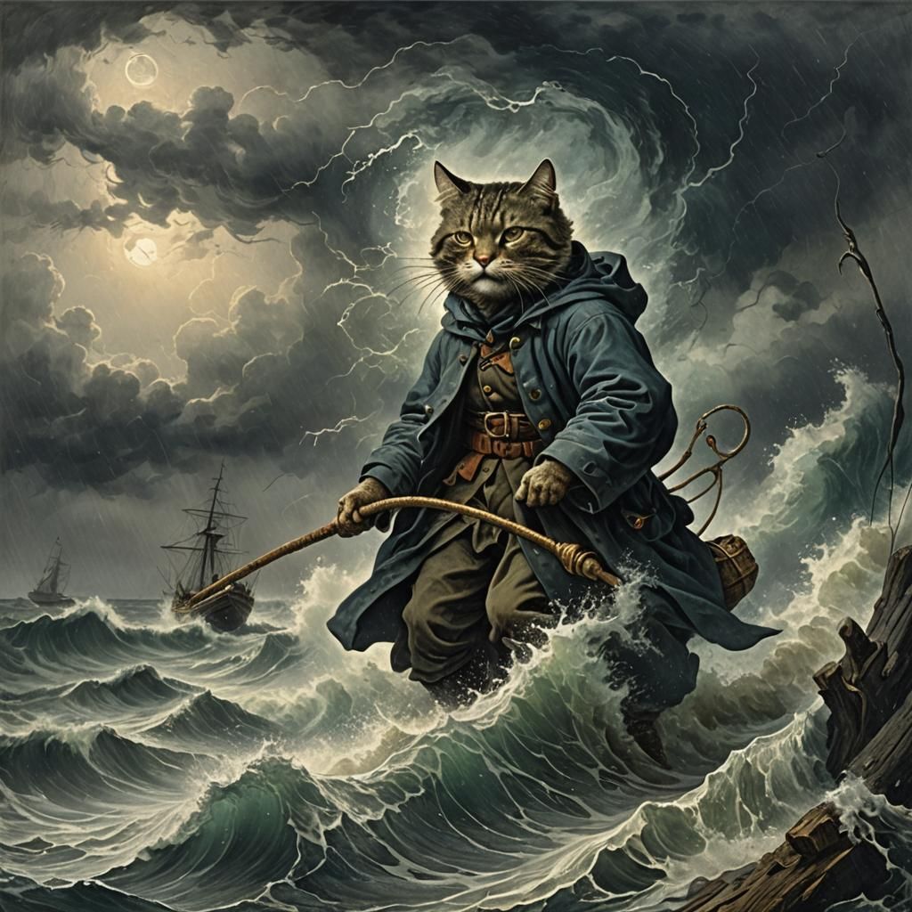 Fisherman Cat in Storm, Gothic Horror Style