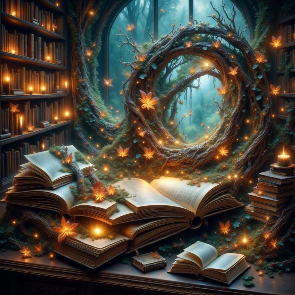 Epic 3D Cinematic Scene of Books and Abstract Reality