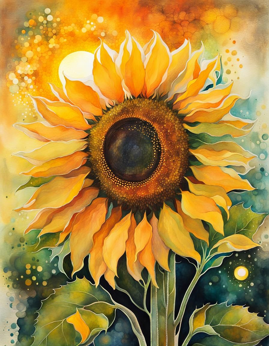 Sunflower Double Exposure Illustration in Watercolor Ink
