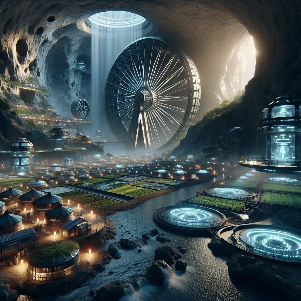 Advanced Underground Waterwheel in Futuristic Cave