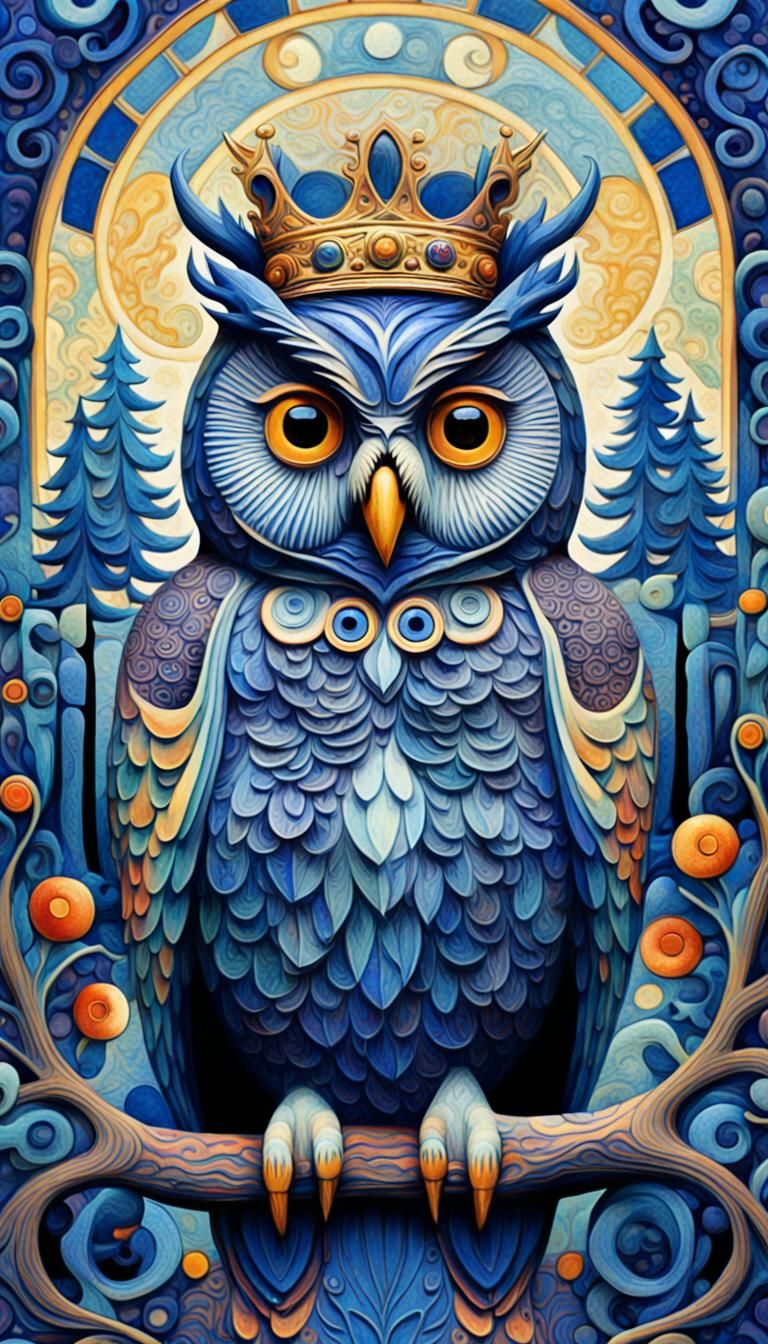 Surreal Delft Blue Owl in Expressionist Forest