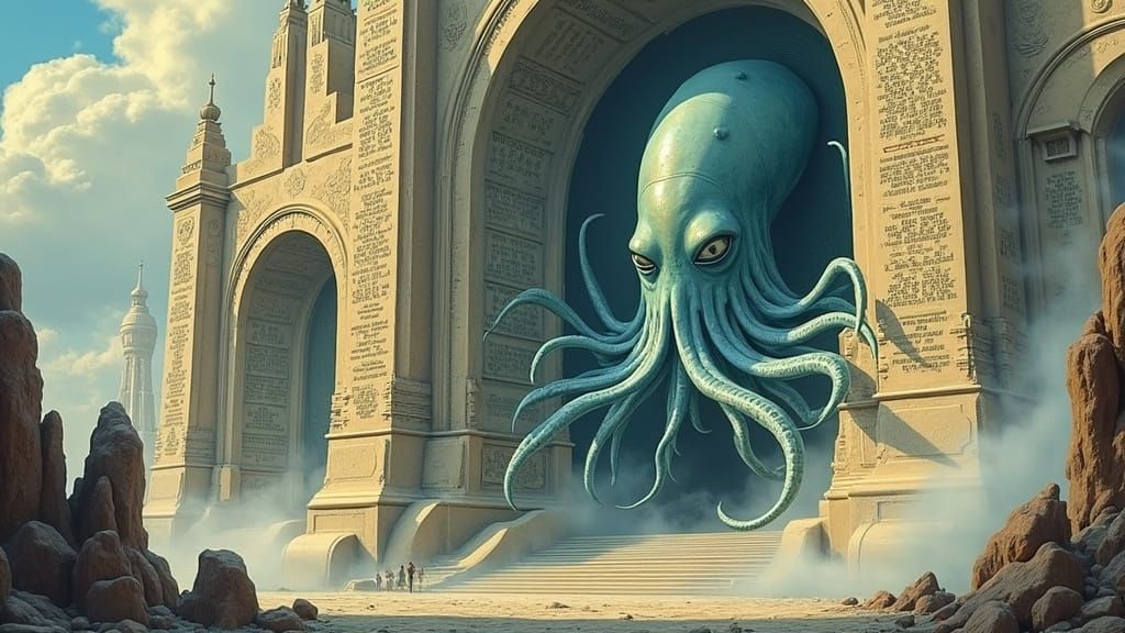 Alien Squid Shrine in Retro Sci-Fi Style