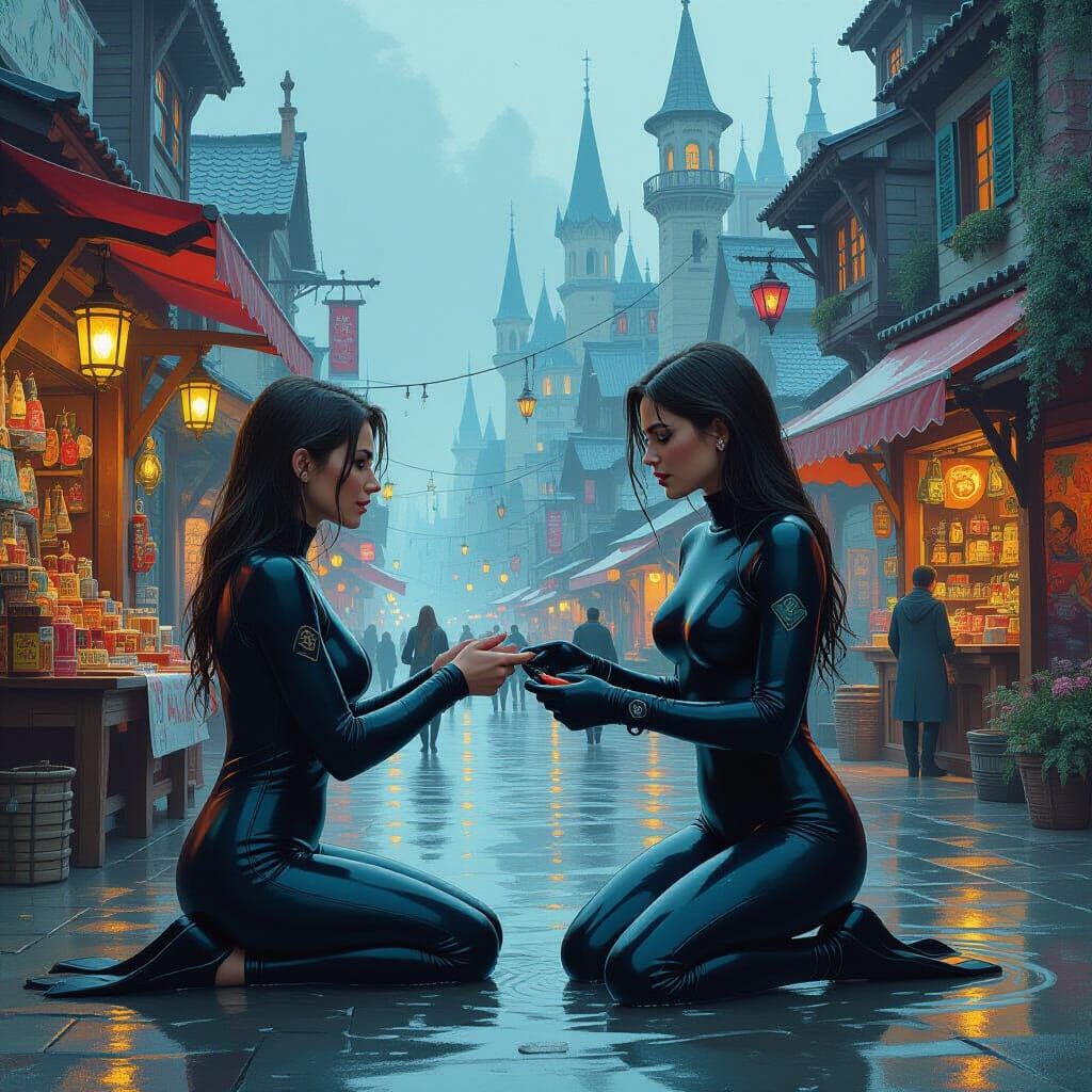Wetsuit Woman Haggling in Fantasy Town, Oil Painting