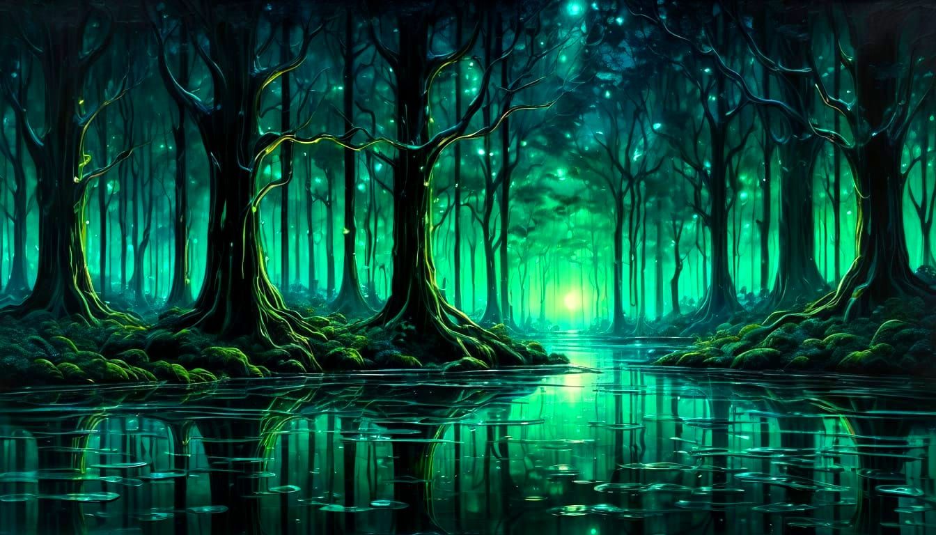 Enchanting Emerald Forest Moonlight Acrylic Painting