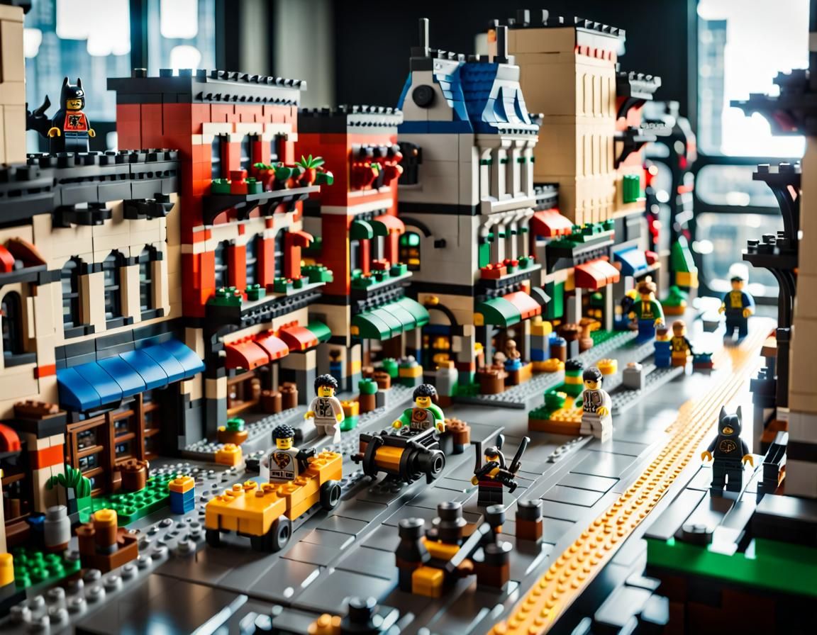 Lego Godzilla: Maximalist Hyperrealistic Tilt-Shift Photo