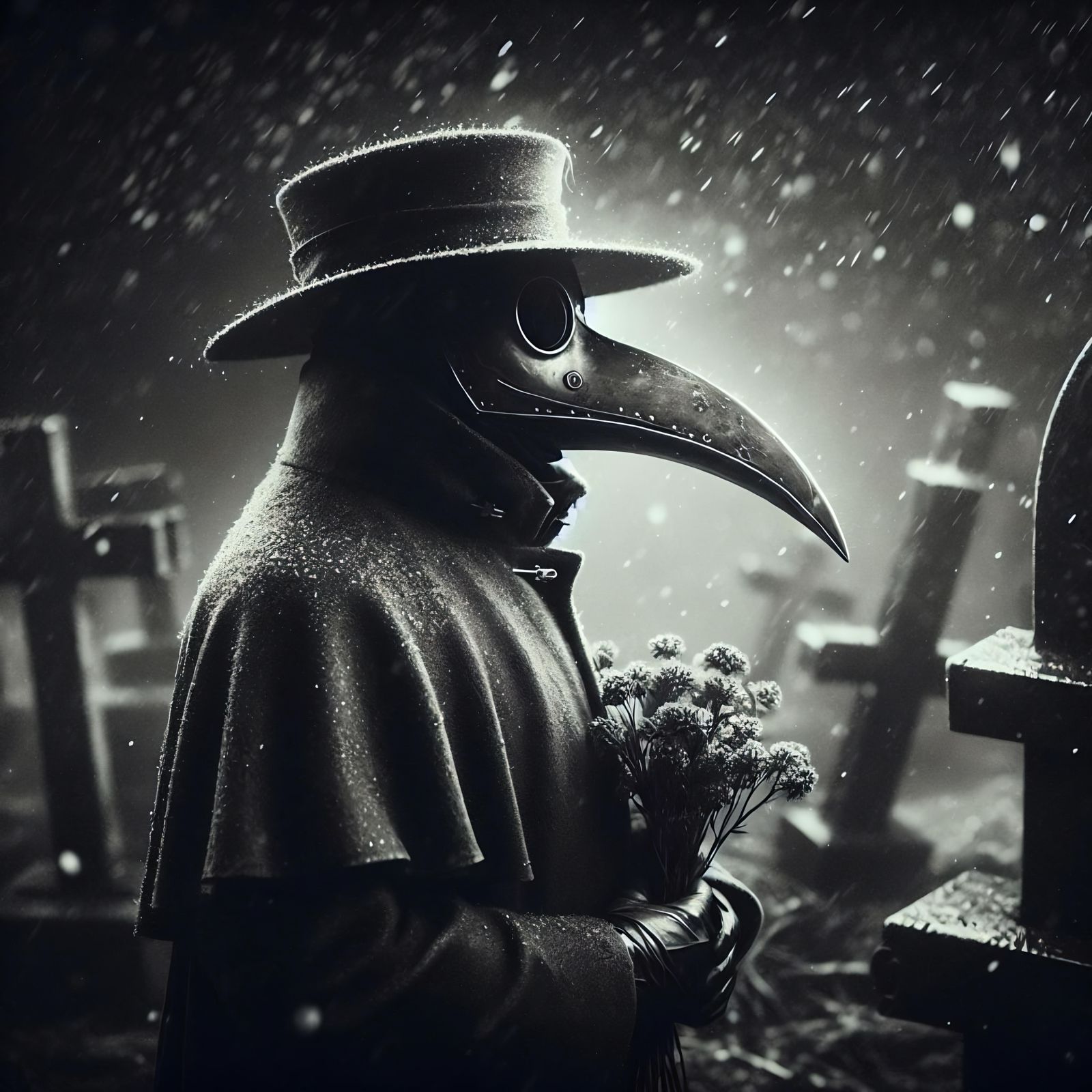 Plague Doctor in Rainy Graveyard Scene