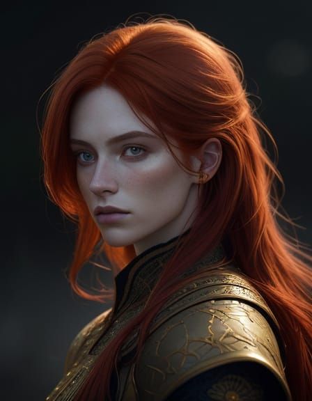 Hyperrealistic Portrait of a Red-Haired Girl in Golden Hour