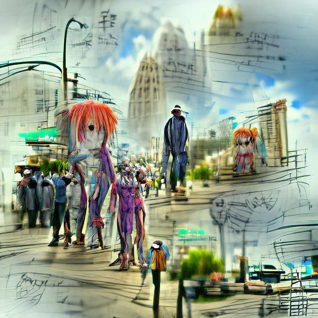 Anime Characters in City: Pencil Sketch Concept Art