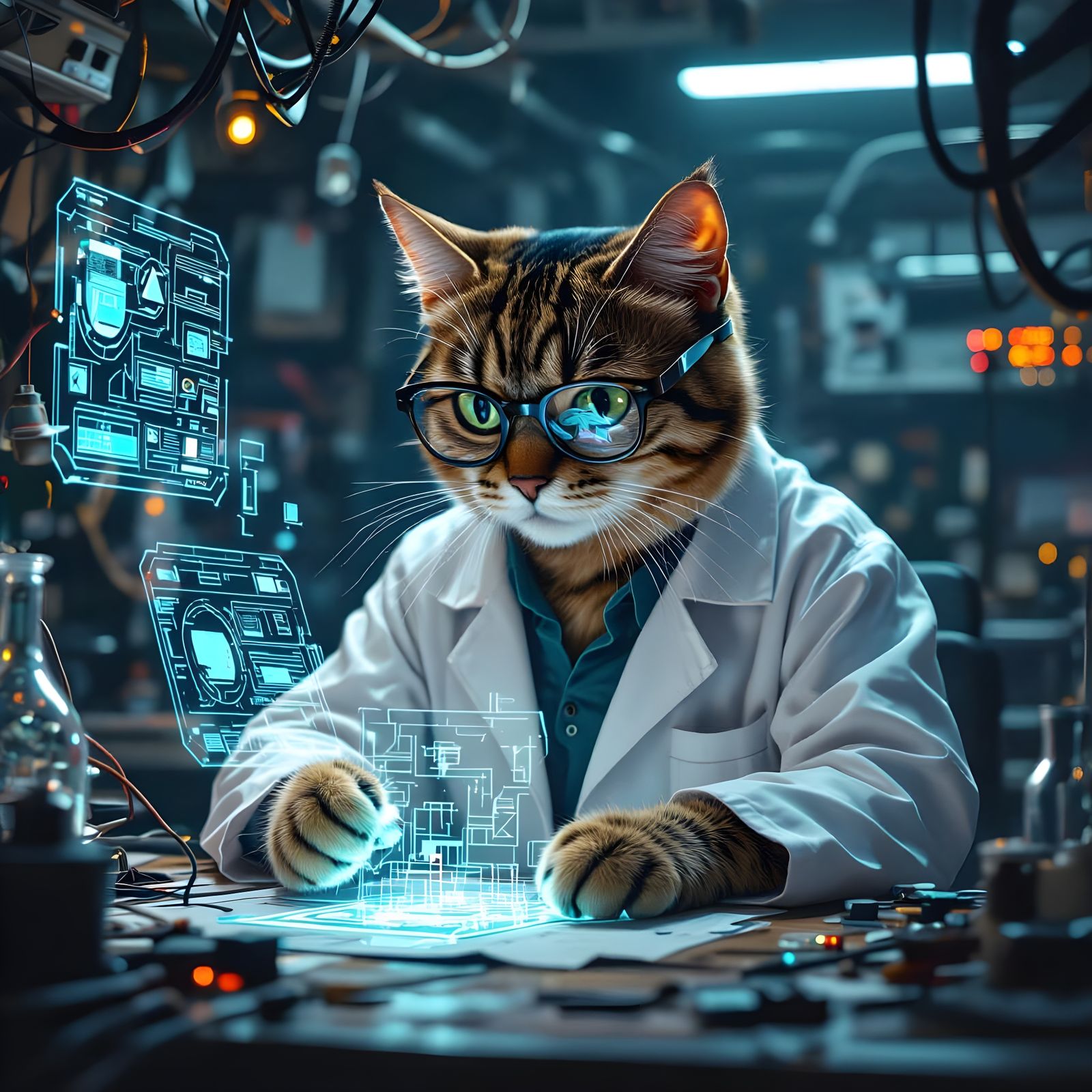 Cyberpunk Cat Scientist in Hidden Laboratory
