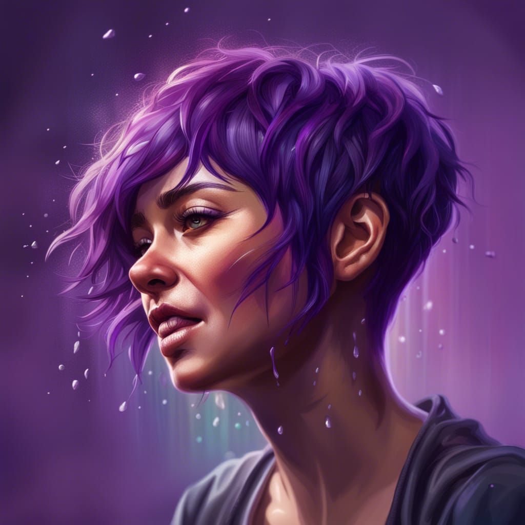 Person with Purple Hair Waving: Hyperrealistic Splash Art