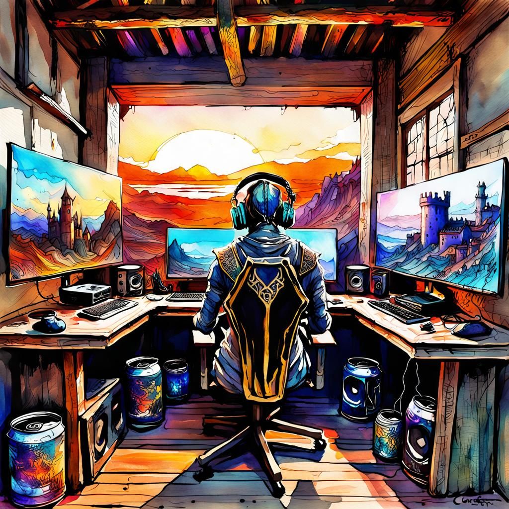 Knight Playing Medieval Game Setup in Watercolor