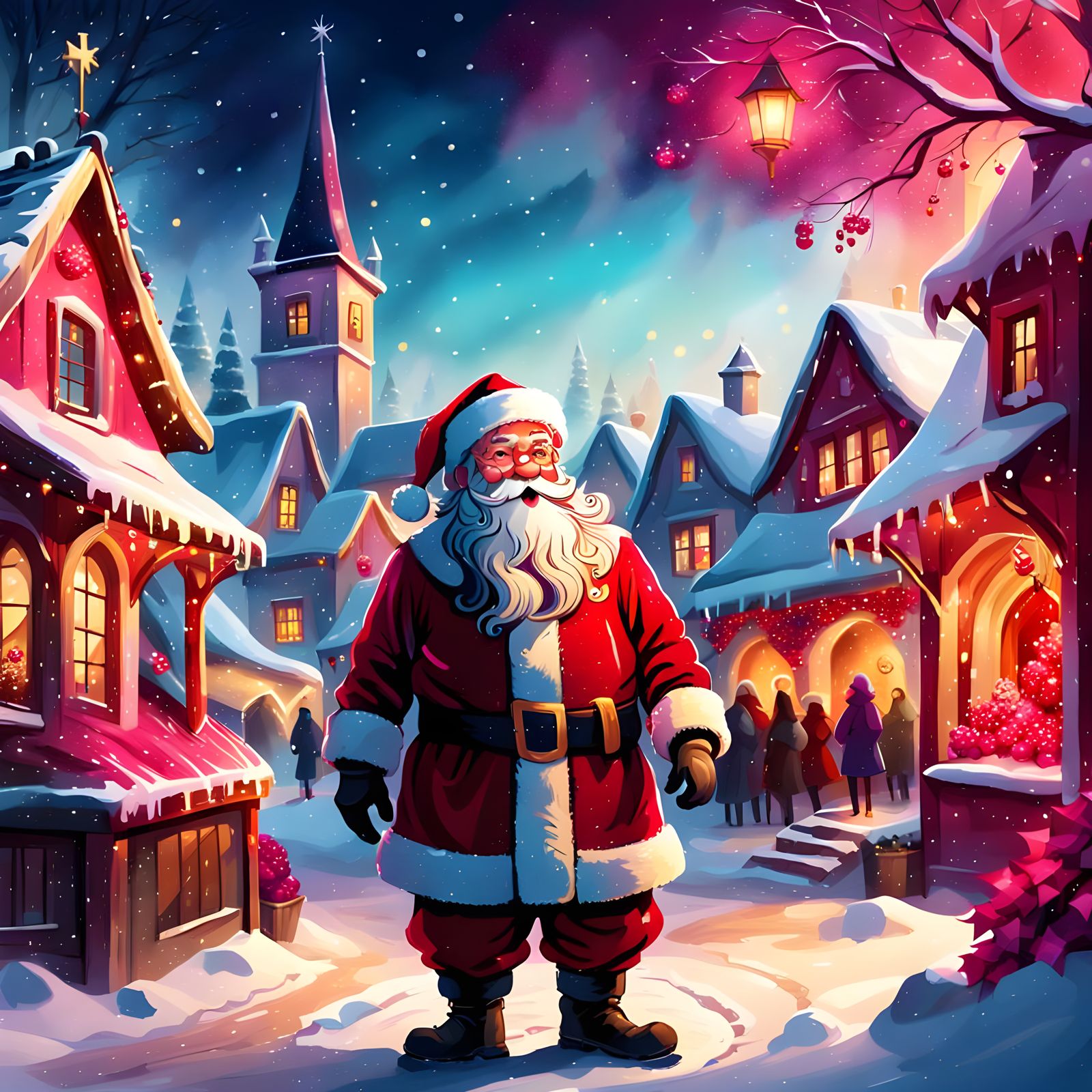 Vibrant Holiday Scene with Santa in a Winter Wonderland