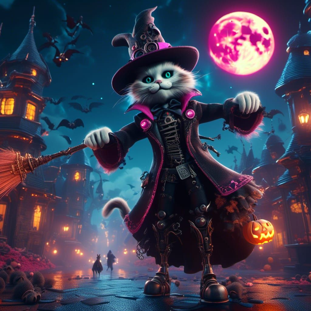 Cyberpunk Witch and Cat in Neon Cityscape