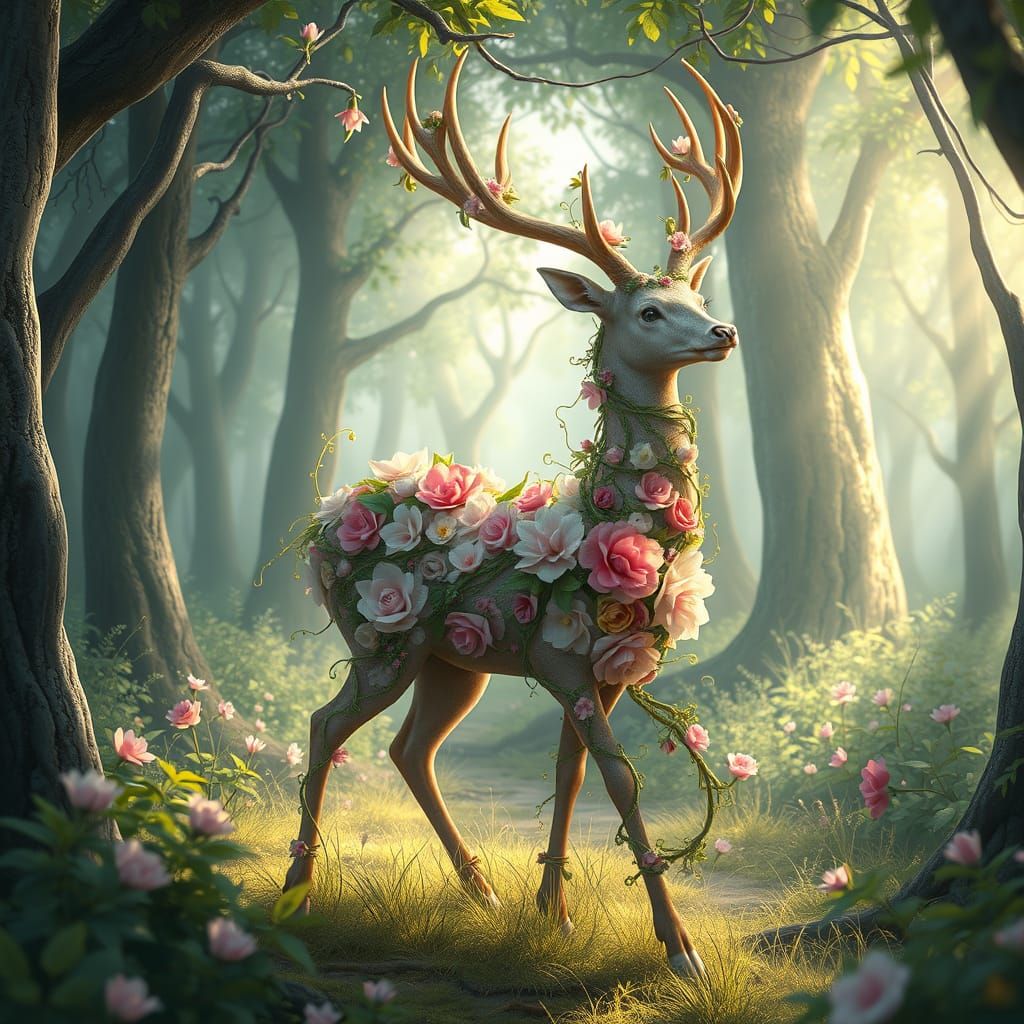 Floral Deer in Enchanted Forest: Fantasy Concept Art