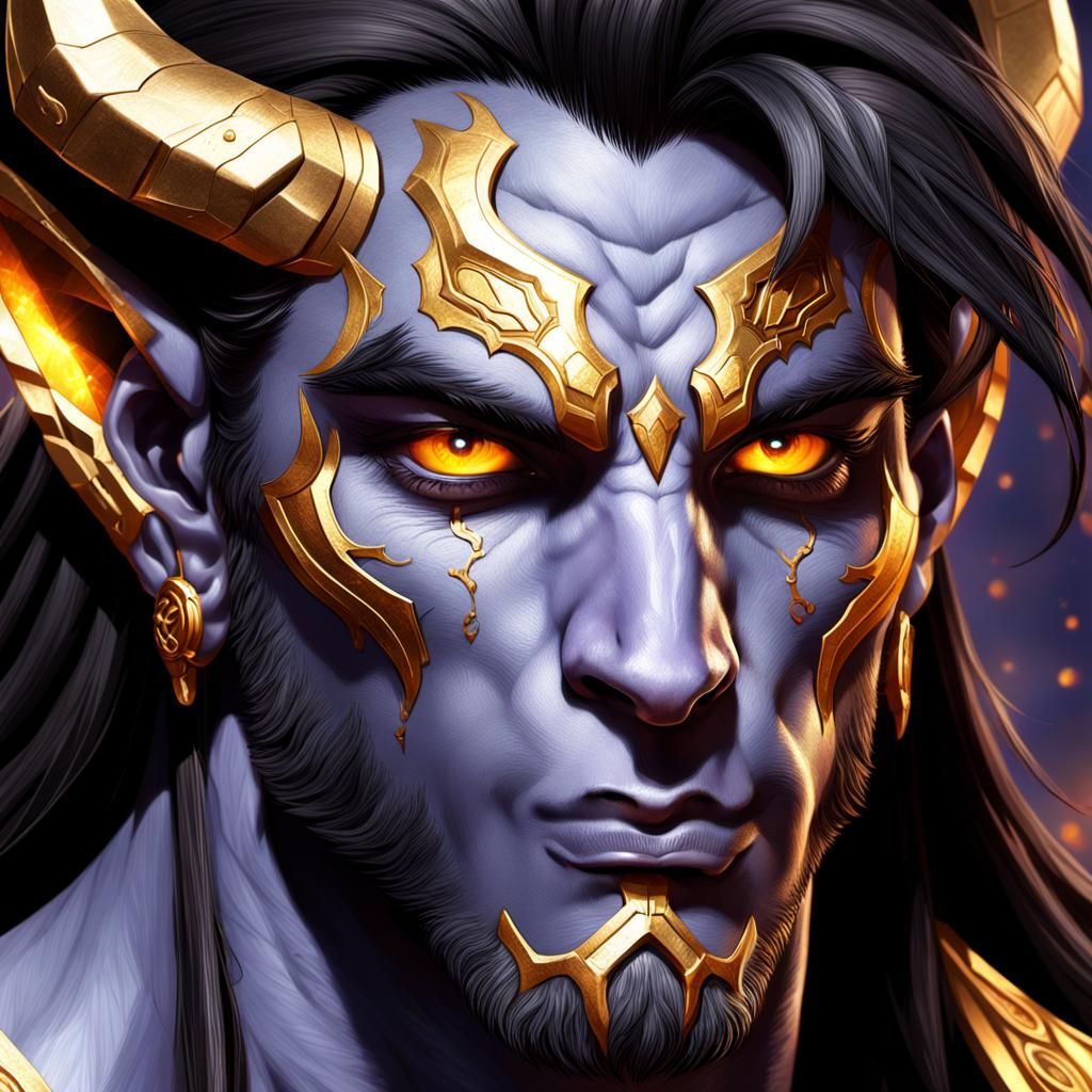 Hyperrealistic Draenei Male Portrait with Golden Eyes