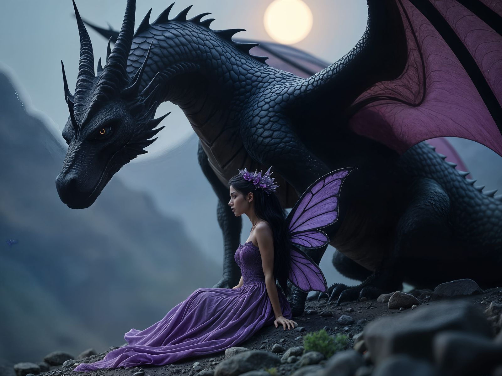 Dragon Protects Faery with Majestic Wing in Lunar Glow