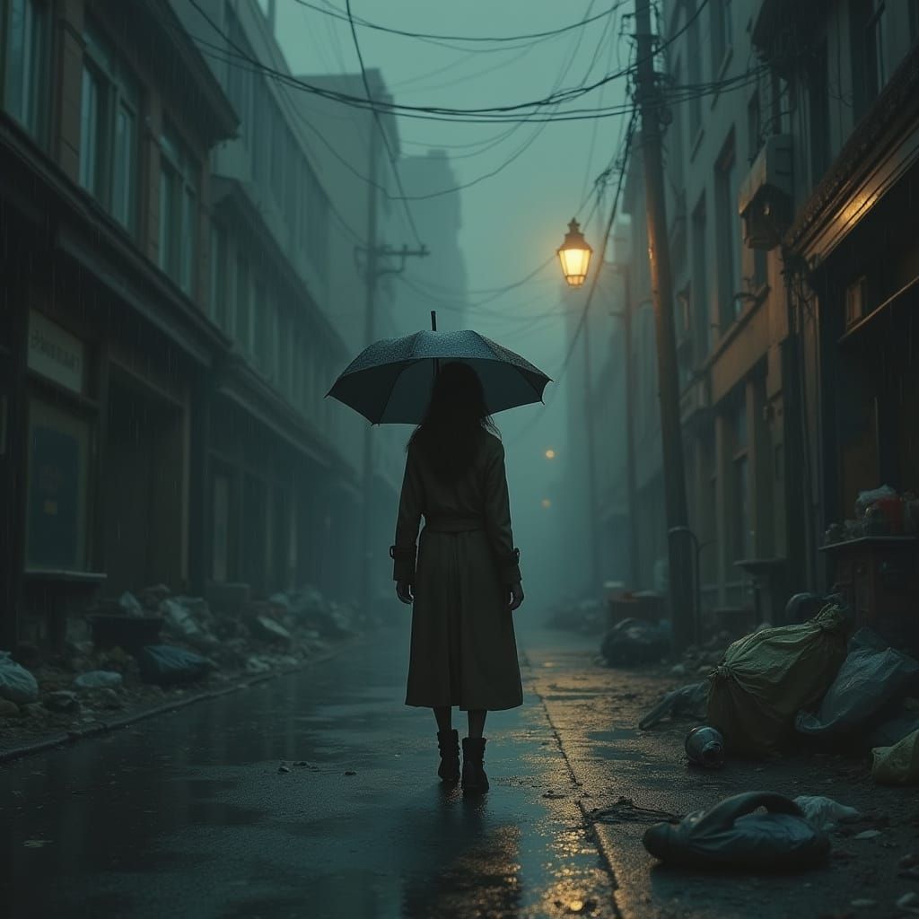 Sorrowful Woman in Rainy City Street, Gritty Realism