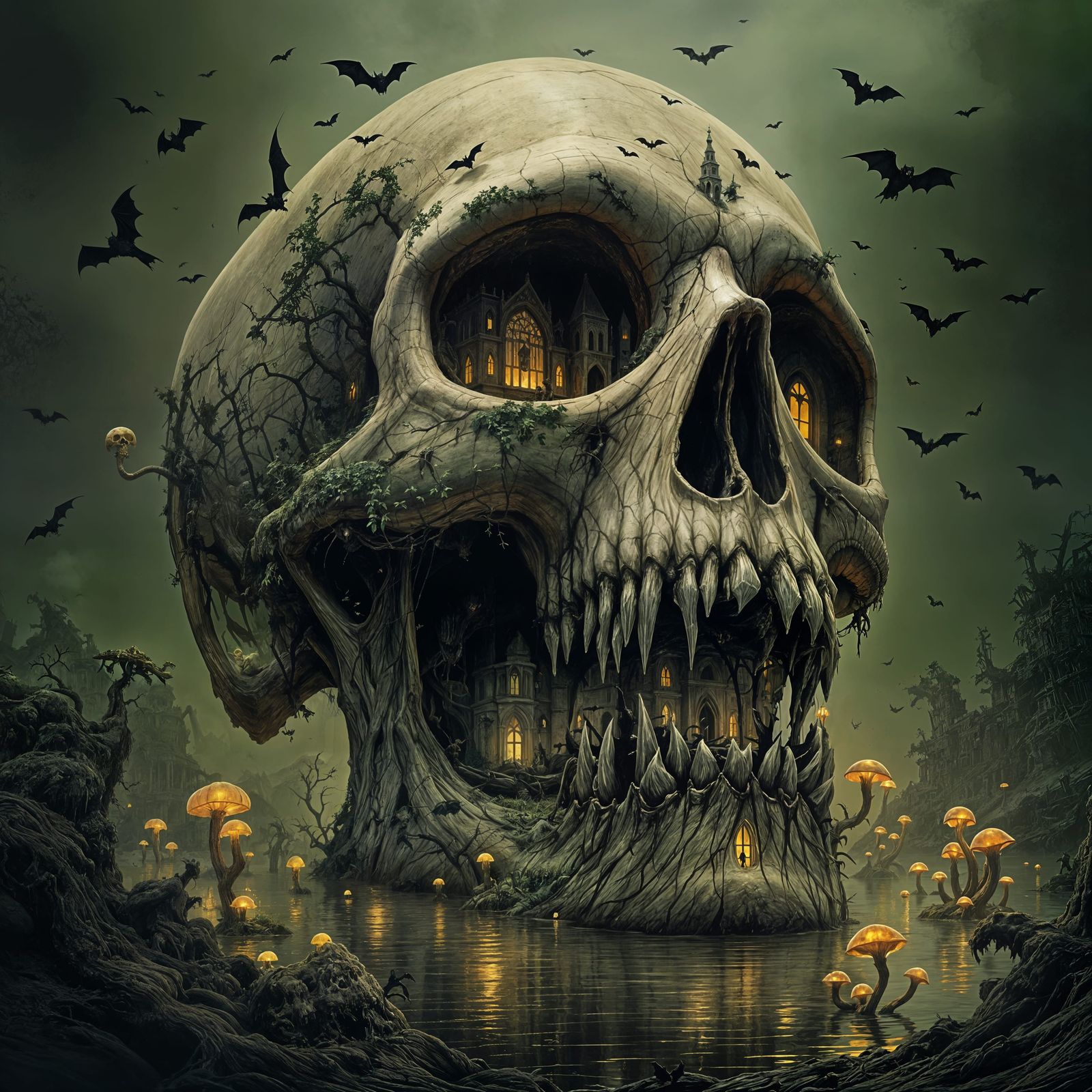 Surreal Skull Gateway to a Haunted Mansion