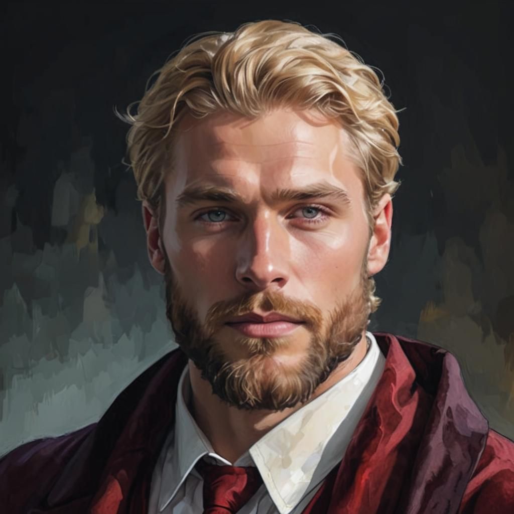 Blond Man in Red Velvet Robe with Golden Halo