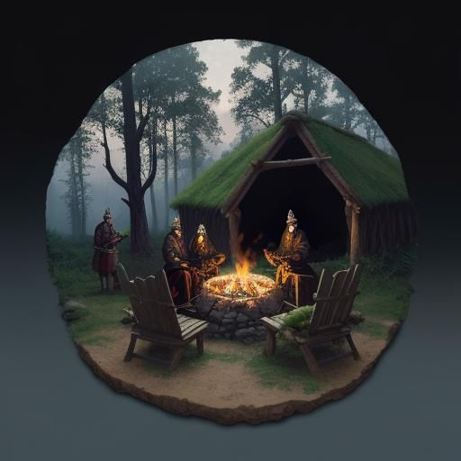 Slavic Warriors Gathering at Bonfire: Oil Painting