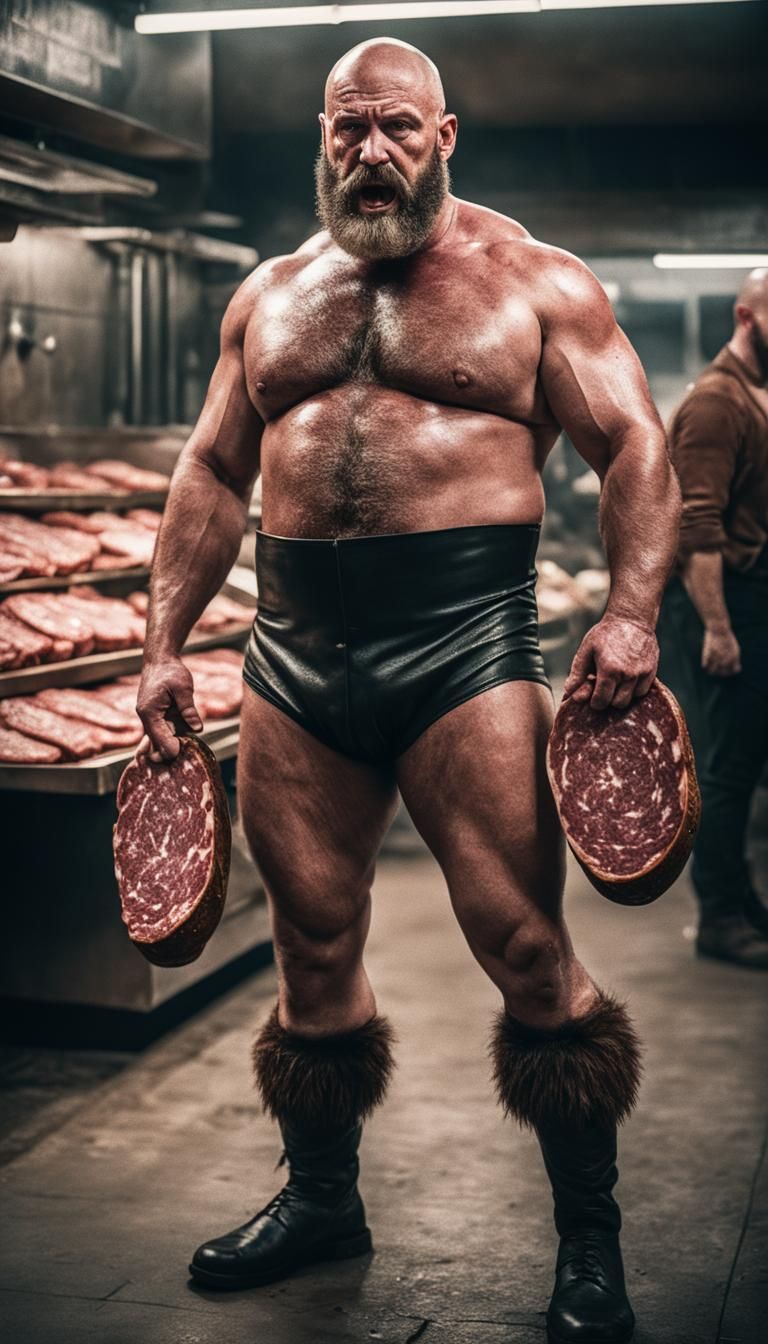 Cinematic Film Still of a Hairy Butcher