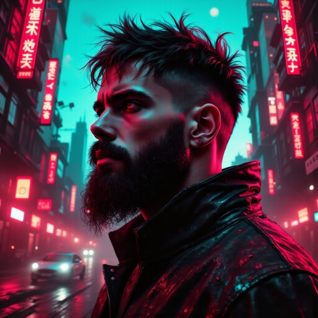 Cyberpunk Man in Neon Cityscape with Dramatic Brush Strokes