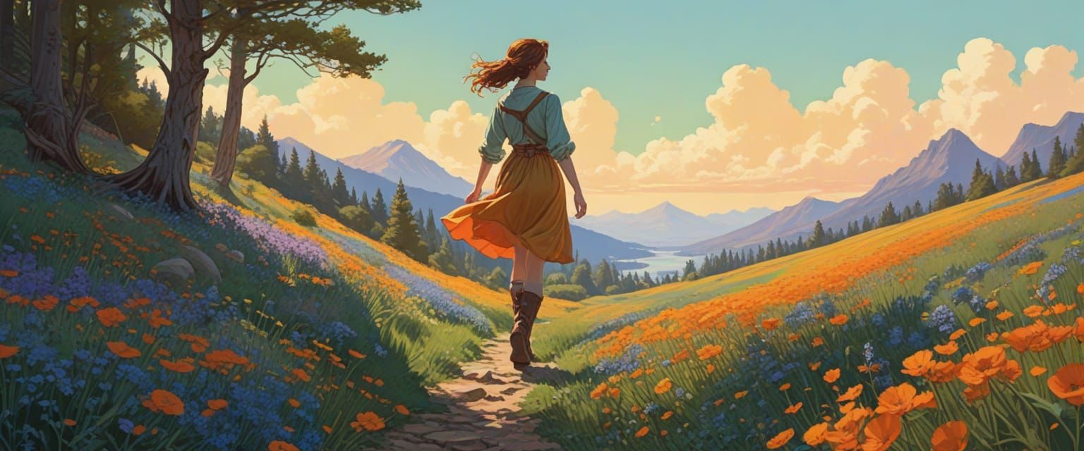 Girl Chasing Butterflies in Flower Field, Comic Book Style