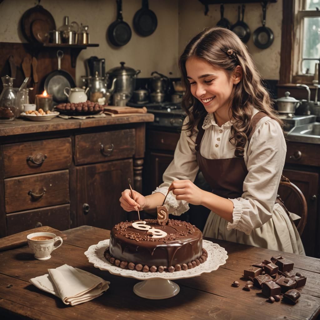 Girl Smiles at Letter S Cake in Victorian Kitchen