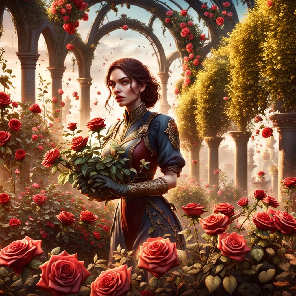 Woman Planting Roses in a Fantastical Garden