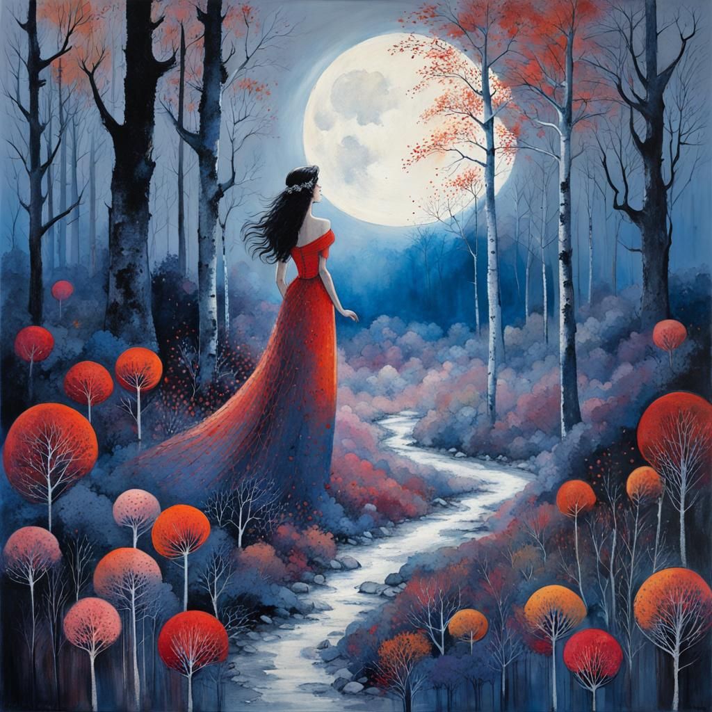 Red Forest Moonscape in Art Brut Style