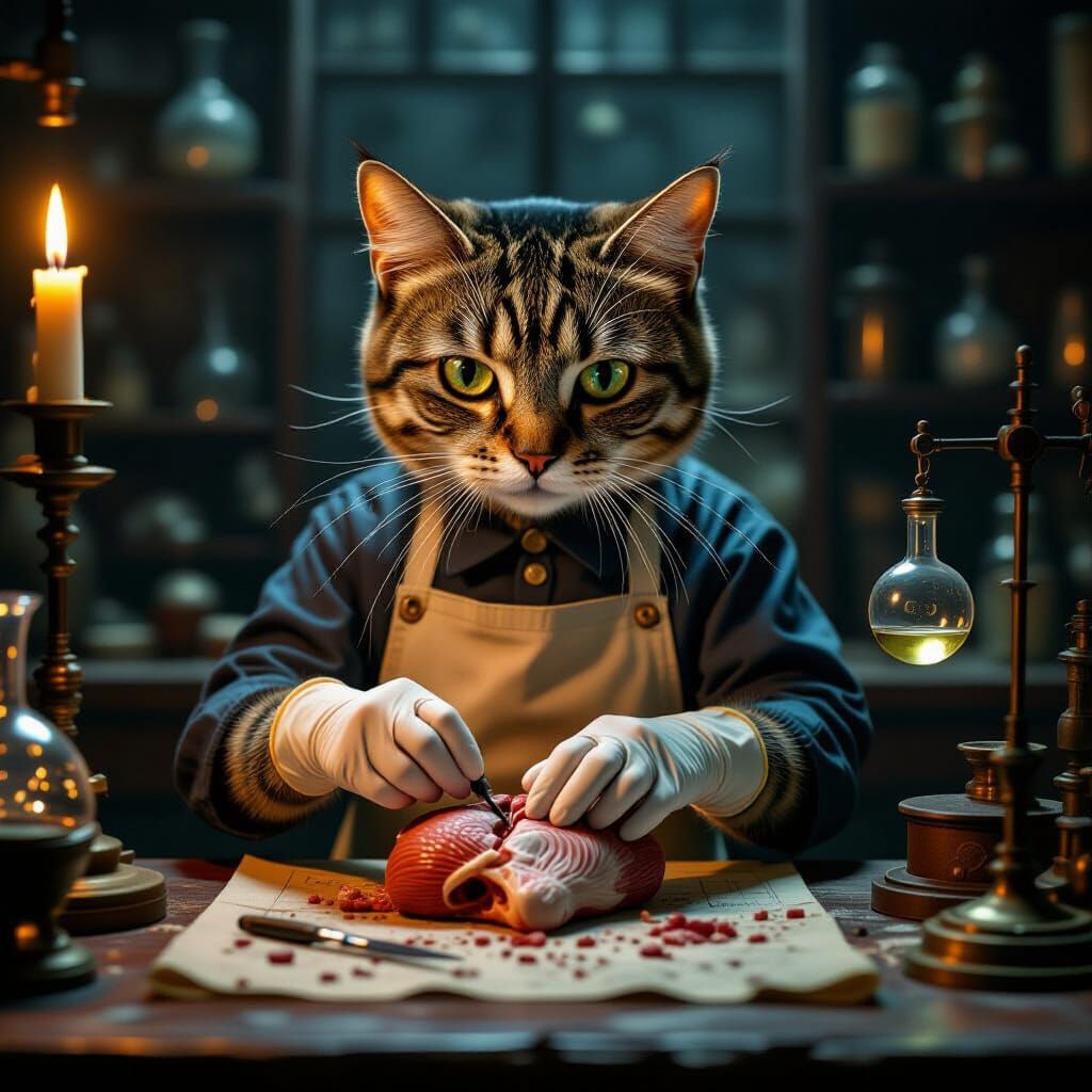 Cat Dissects Human Anatomy Model in Dystopian Lab