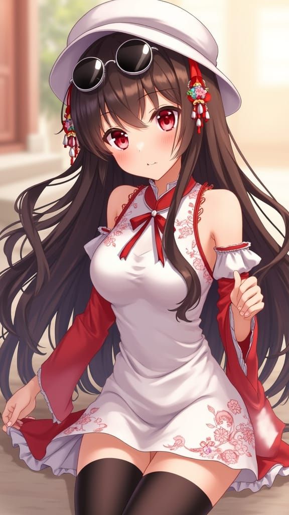Anime Girl in Chinese Dress with Flower Eyes