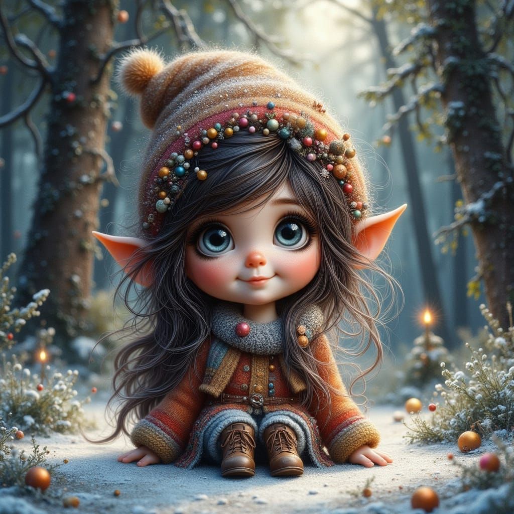 Whimsical Gnome Girl in Enchanted Forest, Watercolor & Airbr...