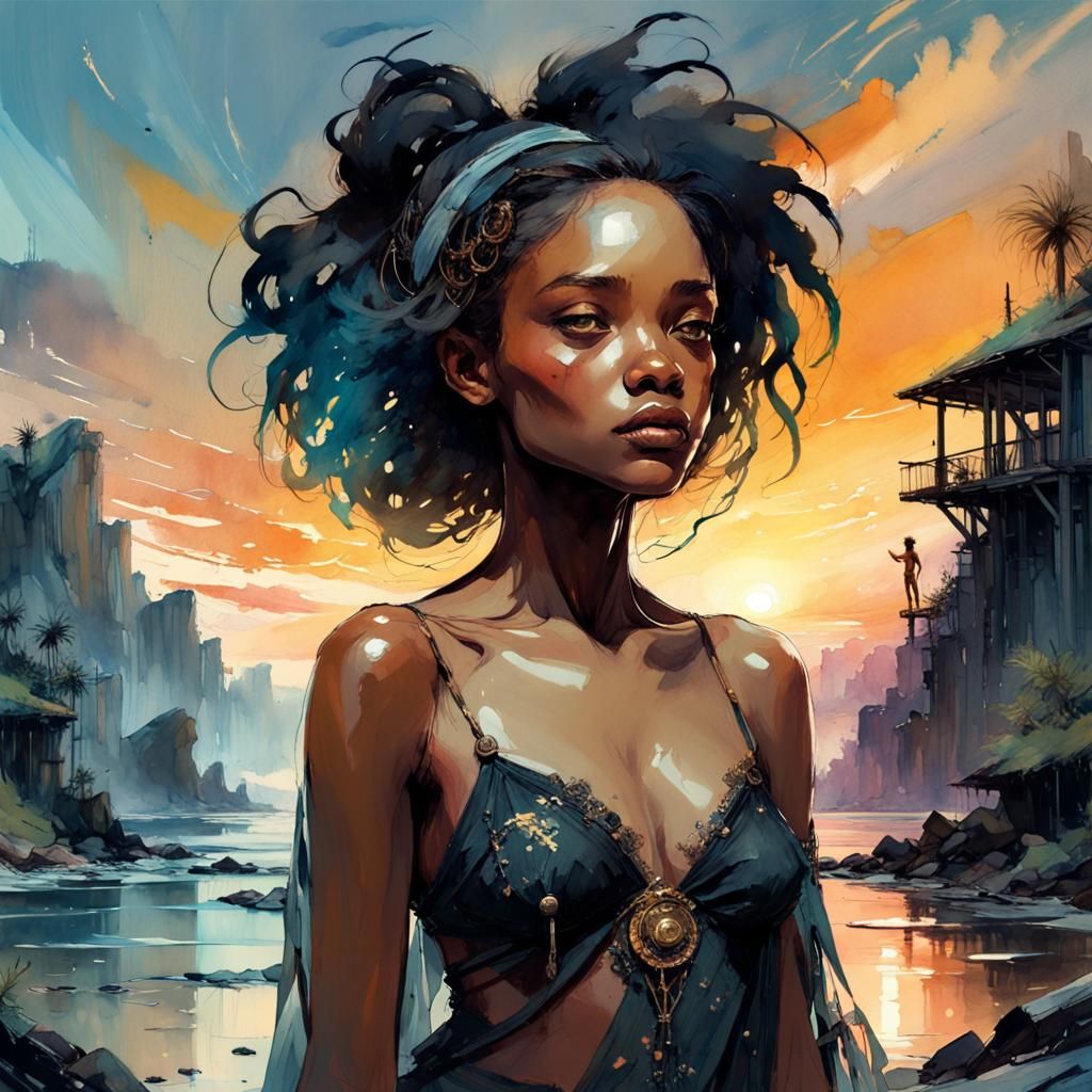 Black Model in Sunset Summerscape Watercolor Illustration