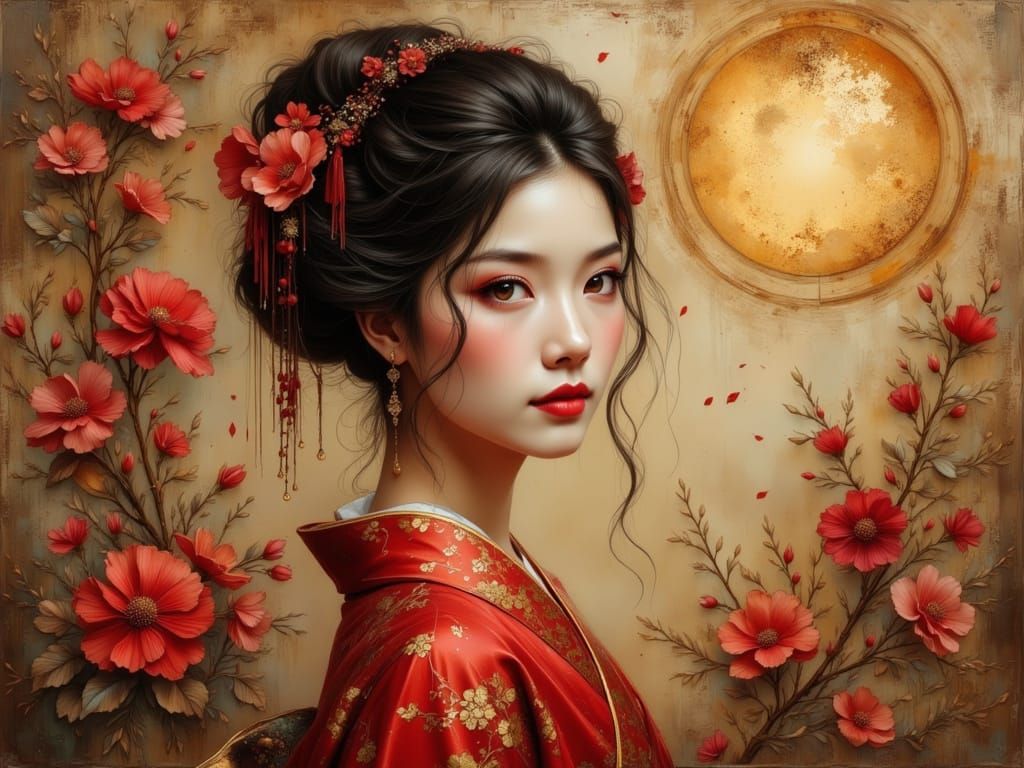 Ethereal Geisha in Red Kimono, Realistic Digital Painting