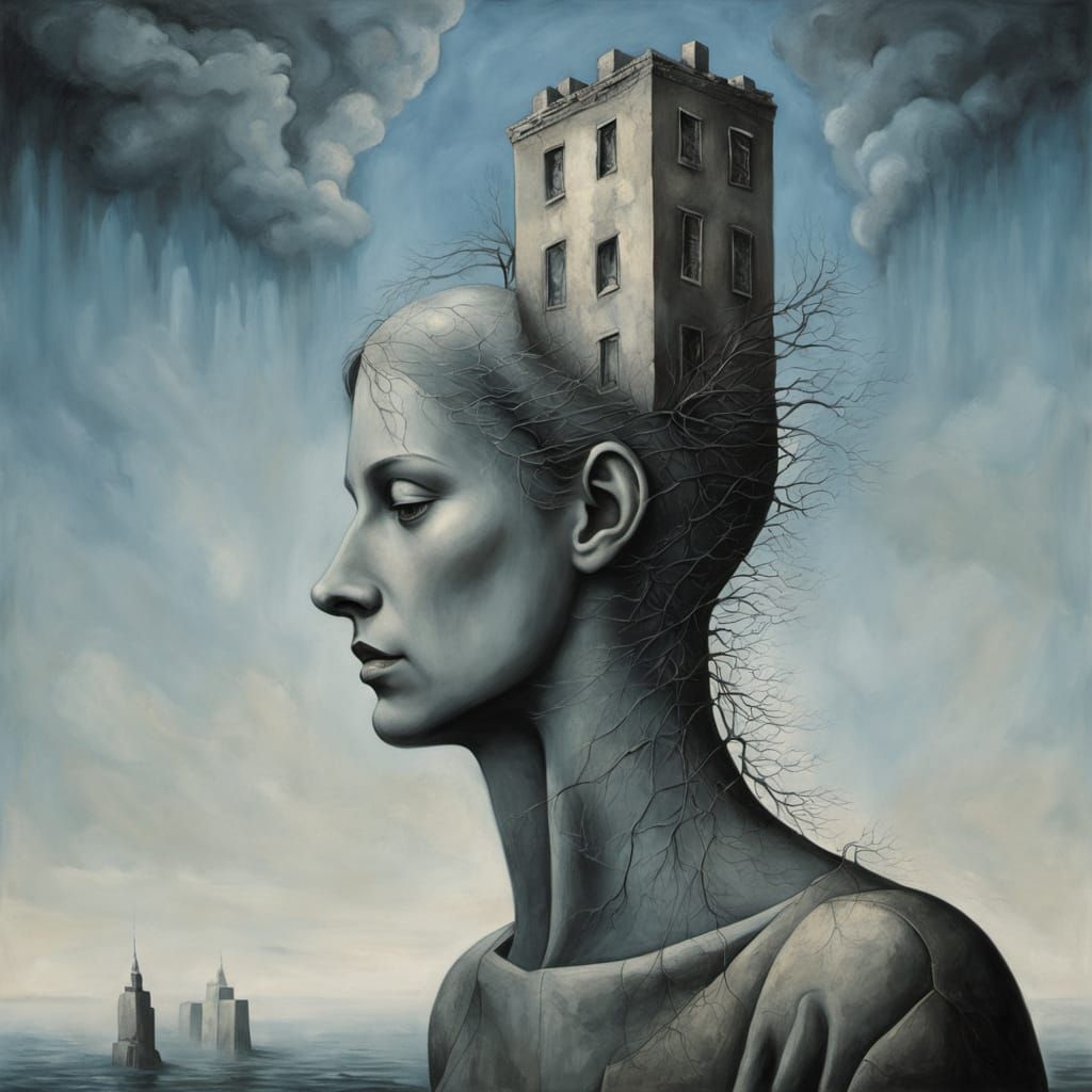 Surreal Figure Escapes Oppressive Walls Towards Sky