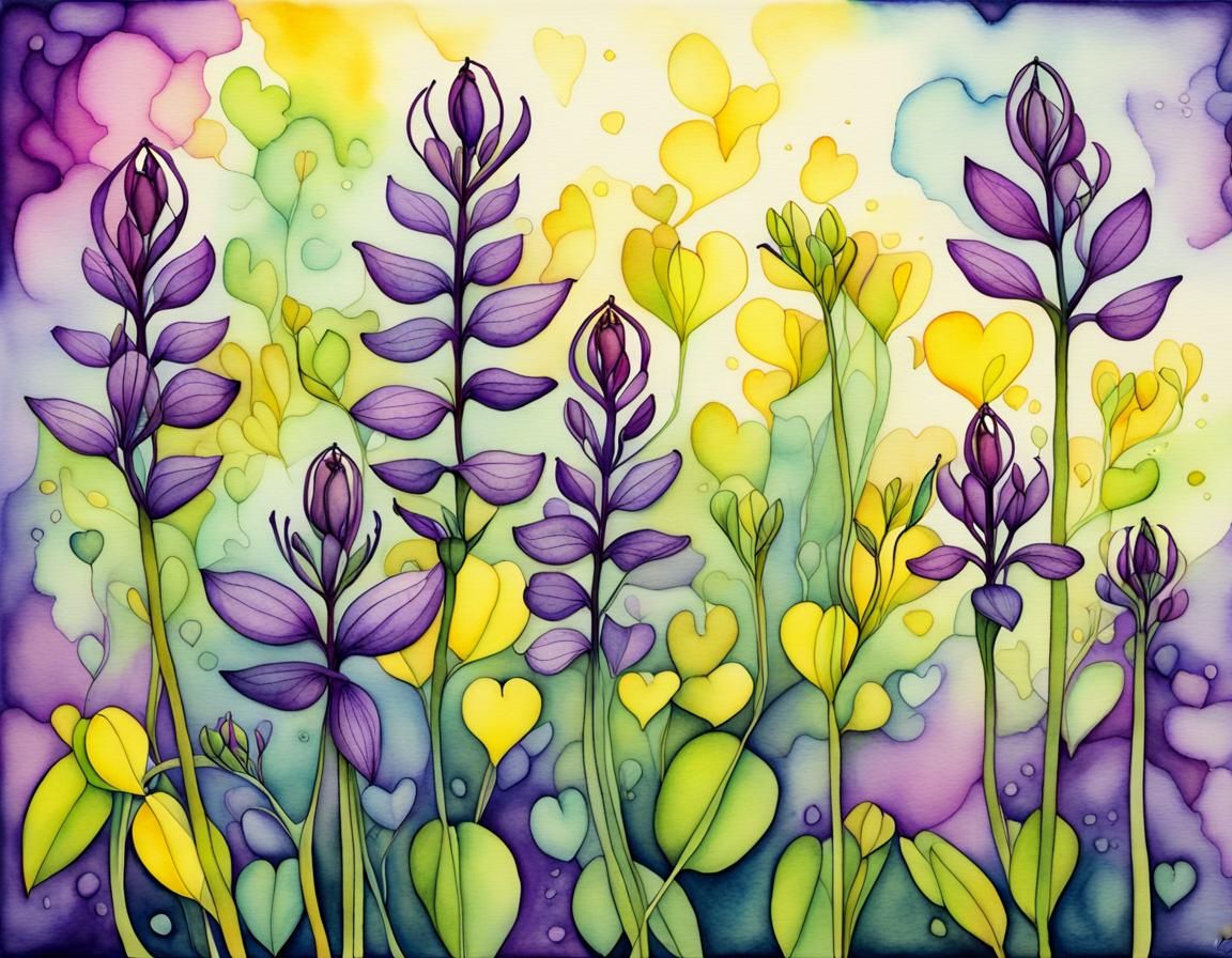 Dicentra in Bloom with Alcohol Ink Splashes