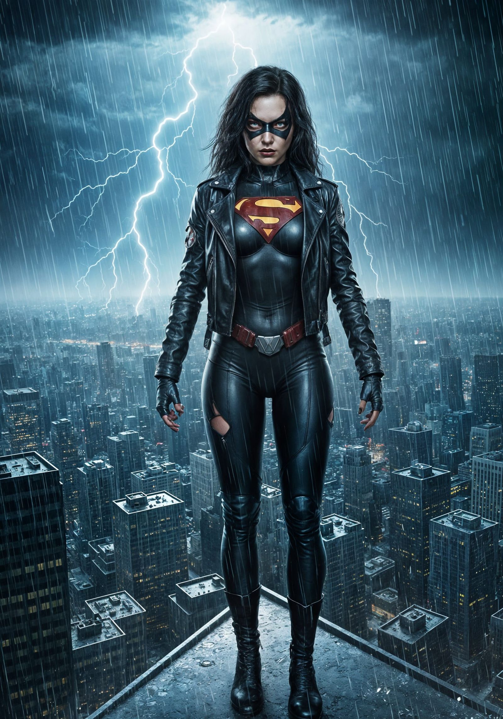 Gothic Superheroine Overlooking Rain-Soaked Cyberpunk City