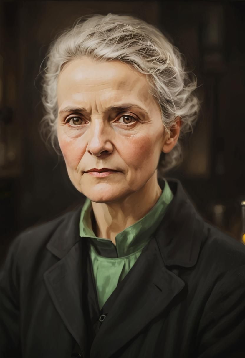 Marie Curie Portrait in Laboratory with Radioactive Elements