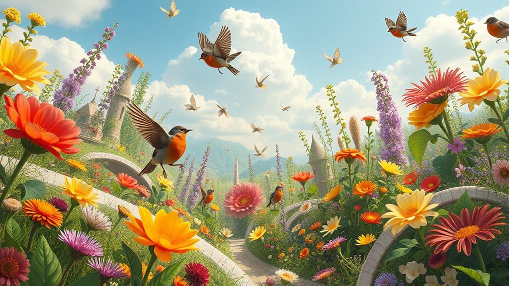 Surreal Garden with Robins
