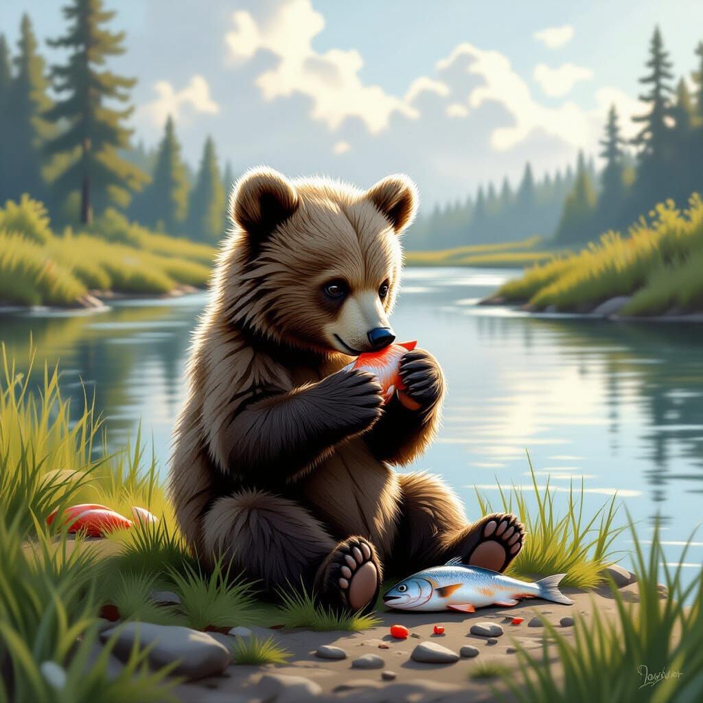 Bear Cub Snacking on Fish: Realistic Matte Painting