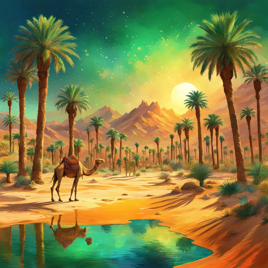 Camel's Desert Journey to Emerald Oasis