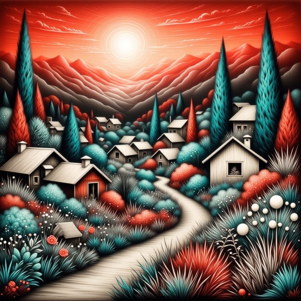 Whimsical Village Scene in Klimt Art Deco Style