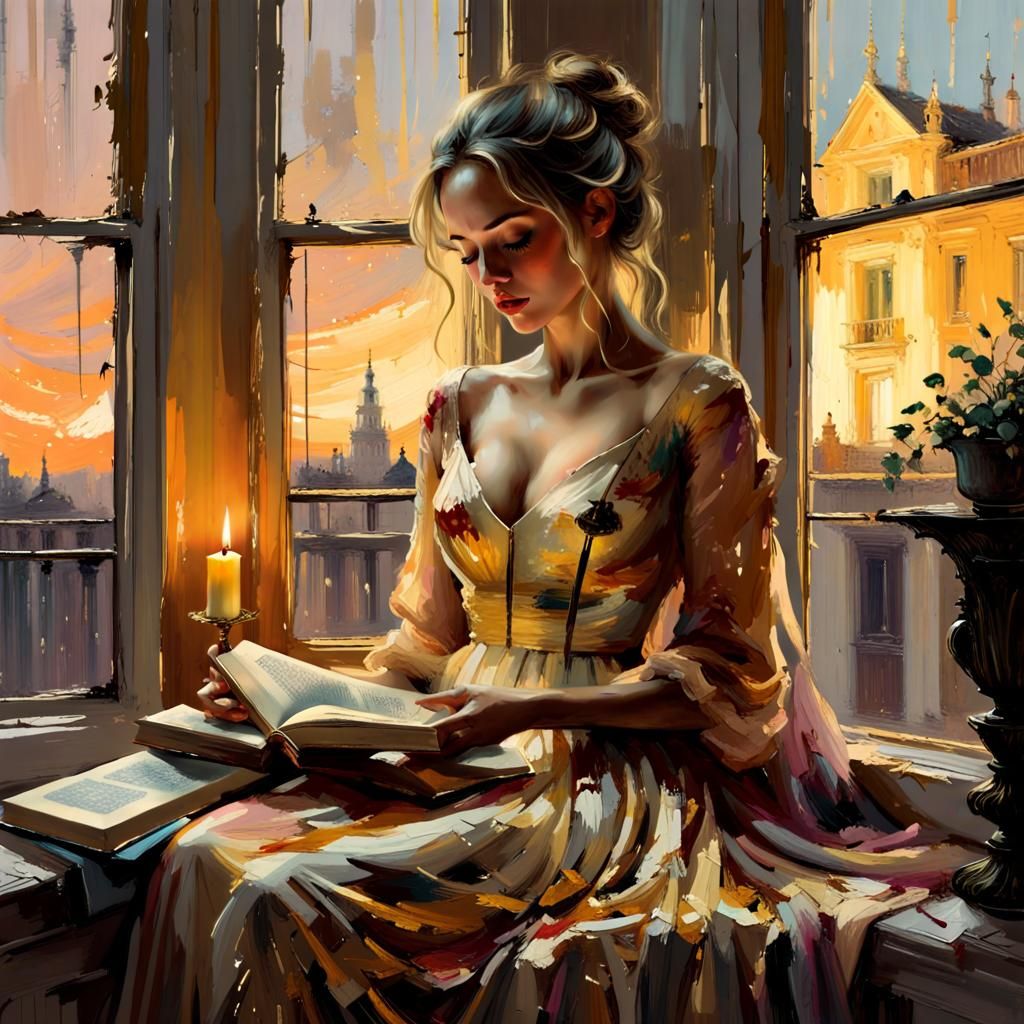 Woman Reading in Bay Window at Golden Hour