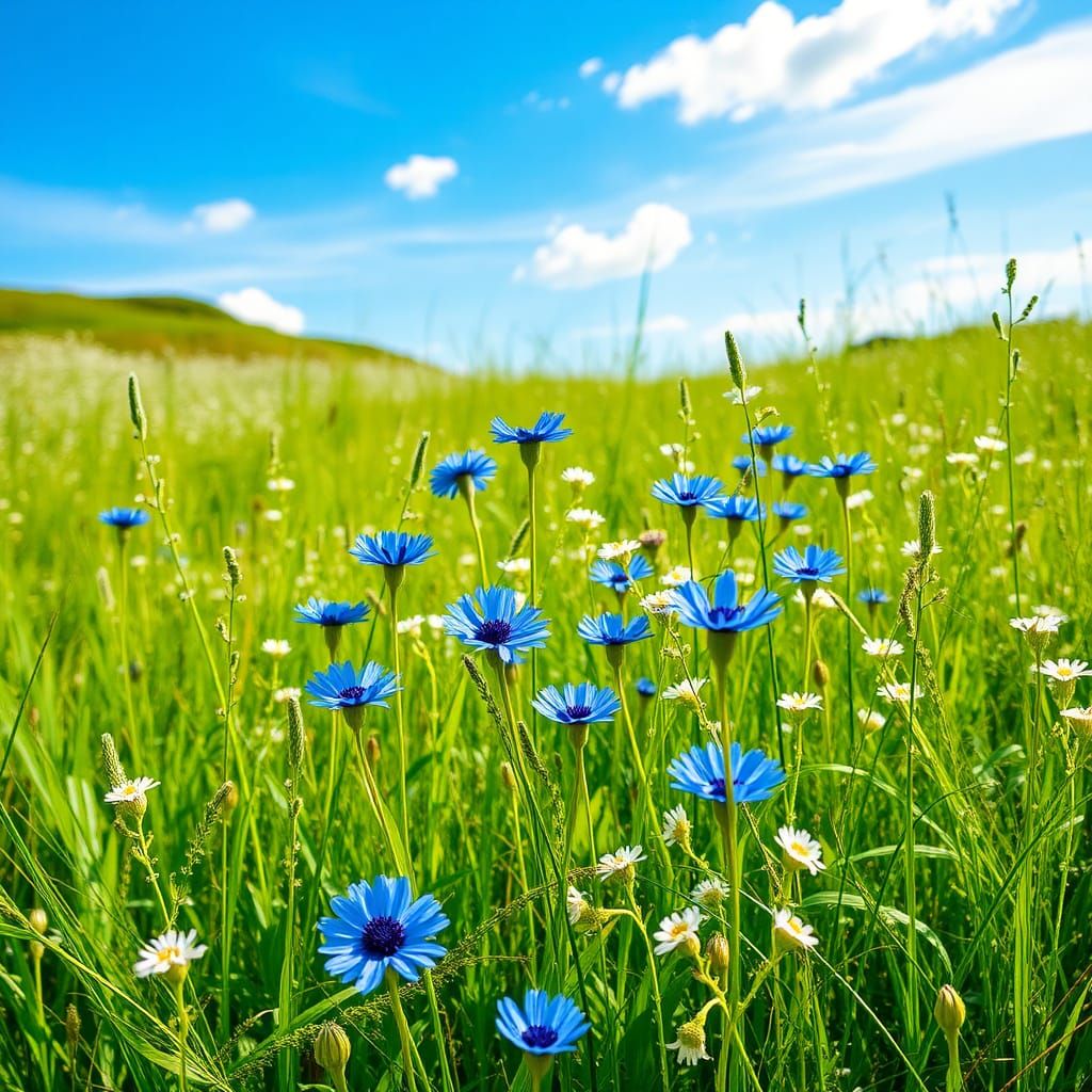 Impressionistic Summer Meadow with Blue Cornflowers
