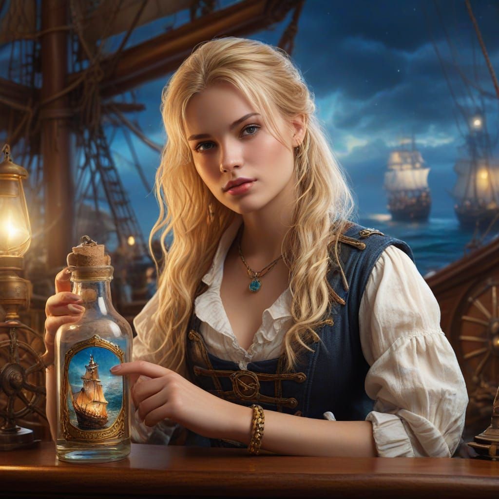 Ethereal Pirate Maiden with Ship in Glass Bottle, Dreamy Fan...