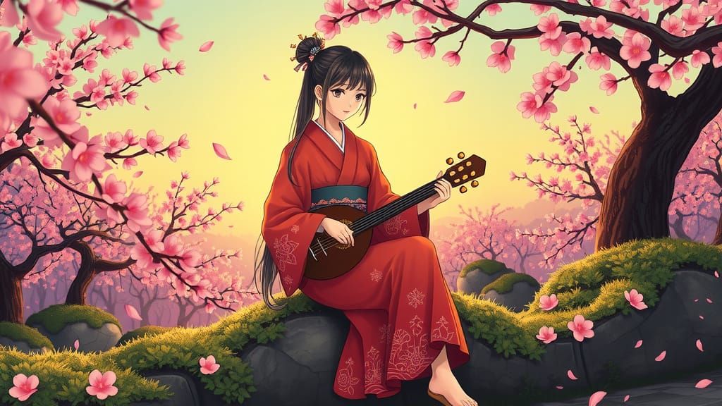 Kimono Woman Plays Shamisen in Sakura Garden
