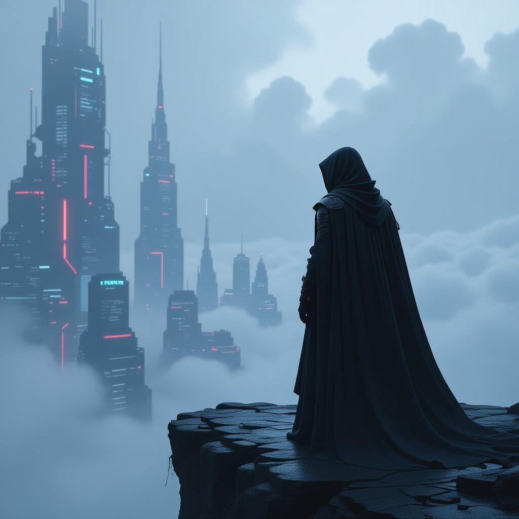Figure on Precipice Overlooking Cloud City in Cyberpunk Styl...